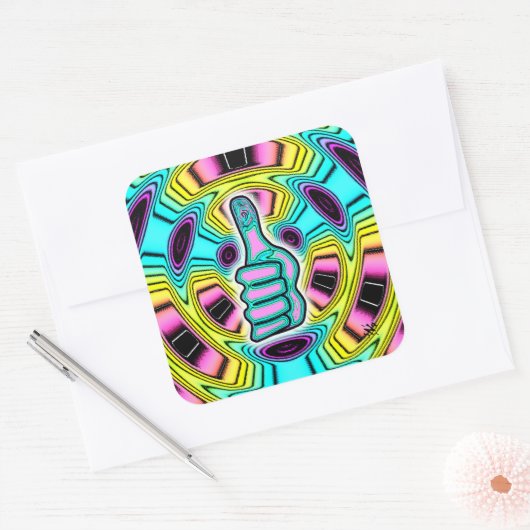 Psychedelische kleurrijke duim omhoog v1 vierkante sticker (Envelop)