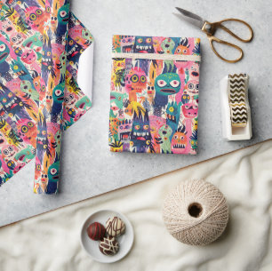 Psychedelische kleurrijke monsters cadeaupapier