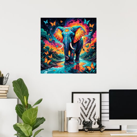 Psychedelische Kleurrijke Olifant en Vlinders Poster (Thuiskantoor)