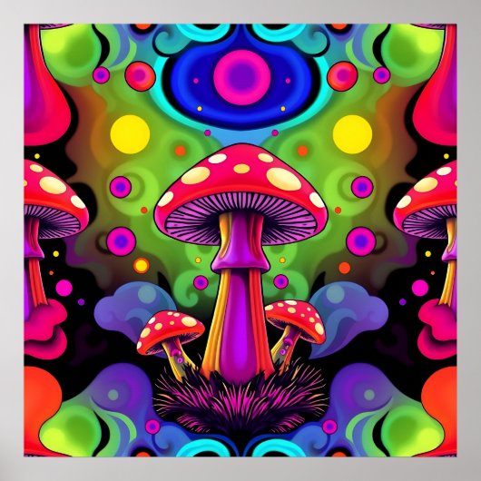 Psychedelische Kleurrijke Retro Paddenstoelen Poster (Voorkant)