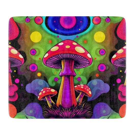 Psychedelische Kleurrijke Retro Paddenstoelen Snijplank (Voorkant)
