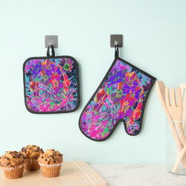 Psychedelische Kleurrijke Rode en Paarse Bloemen Ovenwant & Pannenlap Set