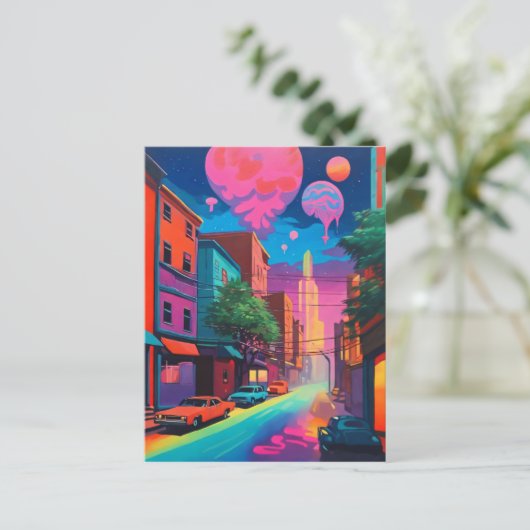 Psychedelische Kleurrijke Stad Drippy Art Briefkaart (Staand voorkant)