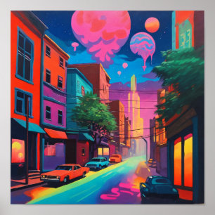Psychedelische Kleurrijke Stad Druppelende Kunst Poster