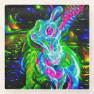 Psychedelische Konijnendraak in Neon Fantasy Glazen Onderzetter