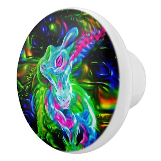 Psychedelische Konijnendraak in Neon Fantasy Keramische Knop (Rechts)