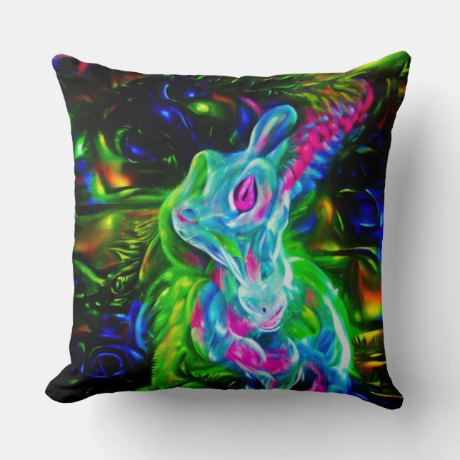 Psychedelische Konijnendraak in Neon Fantasy Kussen (Voorkant)