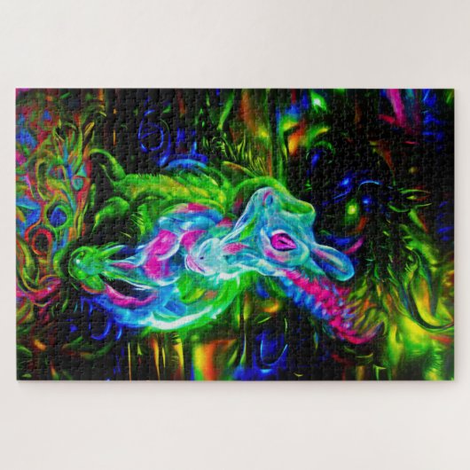 Psychedelische Konijnendraak in Neon Fantasy Legpuzzel (Horizontaal)