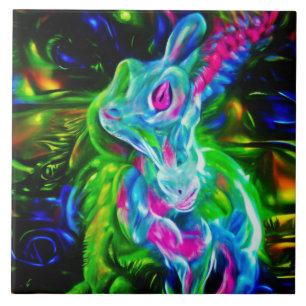 Psychedelische Konijnendraak in Neon Fantasy Tegeltje