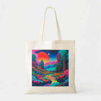Psychedelische landschap roze groene kunst tote bag