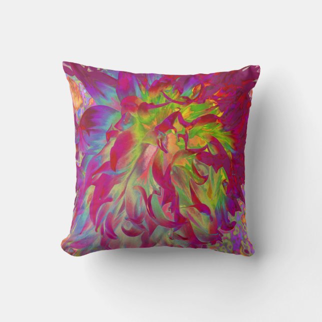 Psychedelische Magenta en Gele Dahlia Bloem Kussen (Voorkant)