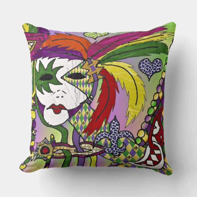 Psychedelische Mardi Gras Veermasker Kussen (Voorkant)