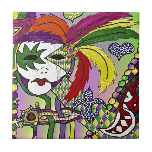 Psychedelische Mardi Gras Veermasker Tegeltje (Voorkant)