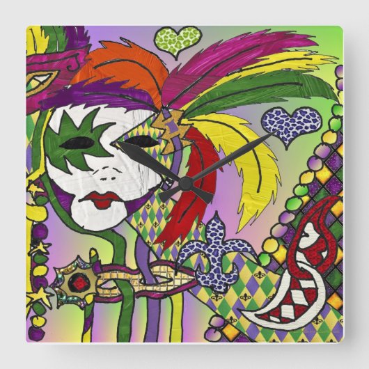 Psychedelische Mardi Gras Veermaskers II Klok (Voorkant)