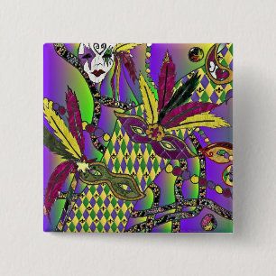 Psychedelische Mardi Gras Veermaskers Kleding Cade Vierkante Button 5,1 Cm