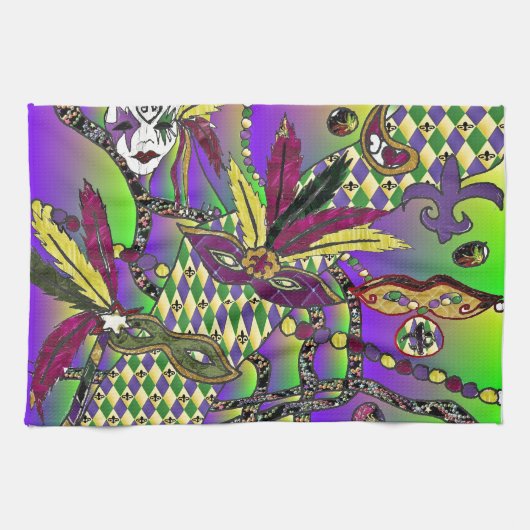 Psychedelische Mardi Gras Veermaskers Theedoek (Horizontaal)
