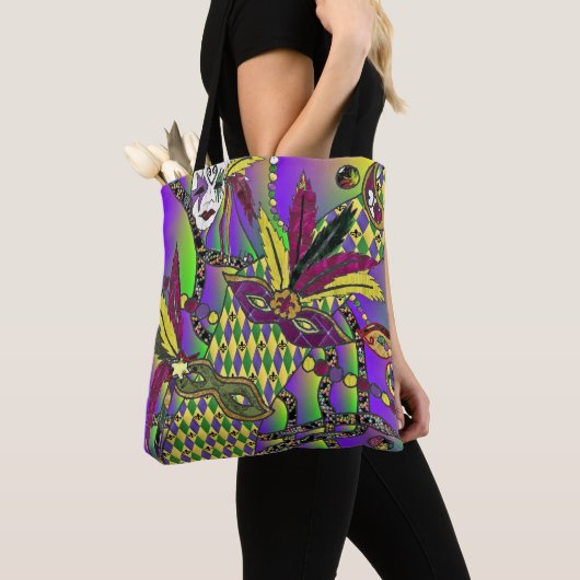 Psychedelische Mardi Gras Veermaskers Tote Bag (Dichtbij)