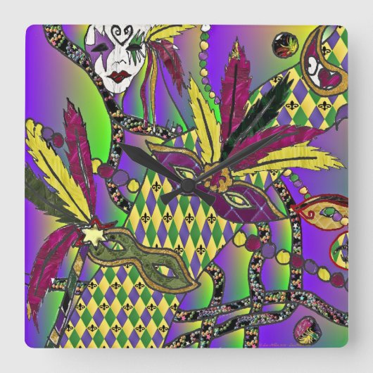 Psychedelische Mardi Gras Veermaskers Vierkante Klok (Voorkant)