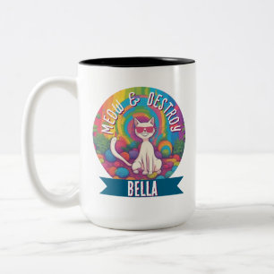 Psychedelische Meow & Destroy Gepersonaliseerde Ka Tweekleurige Koffiemok