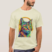 Psychedelische Neon Kat Koptelefoon Kunst T-shirt (Voorkant)