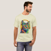 Psychedelische Neon Kat Koptelefoon Kunst T-shirt (Voorkant volledig)