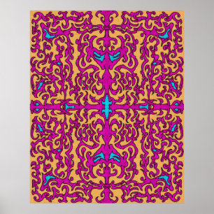 Psychedelische Neon Roze Barok Bloeipatroon Poster