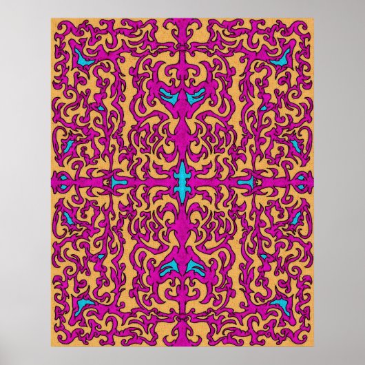 Psychedelische Neon Roze Barok Bloeipatroon Poster (Voorkant)