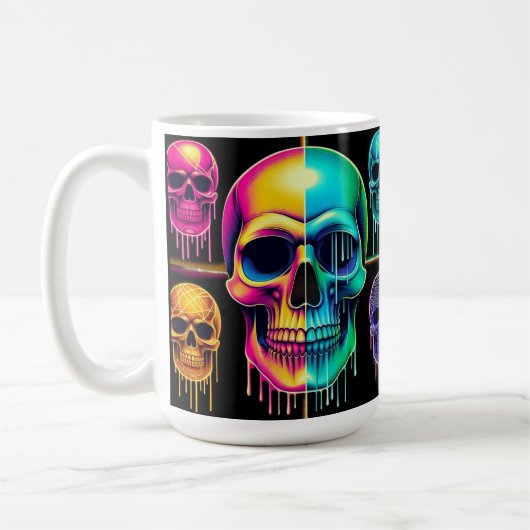 Psychedelische Neon Skulls: een levendige digitale Koffiemok (Links)