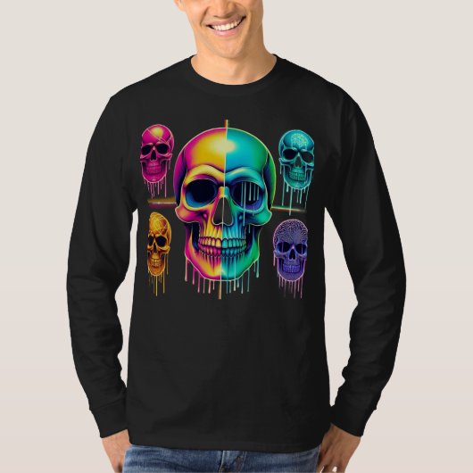 Psychedelische Neon Skulls: een levendige digitale T-shirt (Voorkant)
