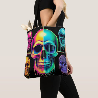 Psychedelische Neon Skulls: een levendige digitale Tote Bag