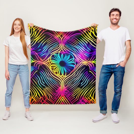 Psychedelische neonlijnen met bloemenkunst fleece deken (In situ)