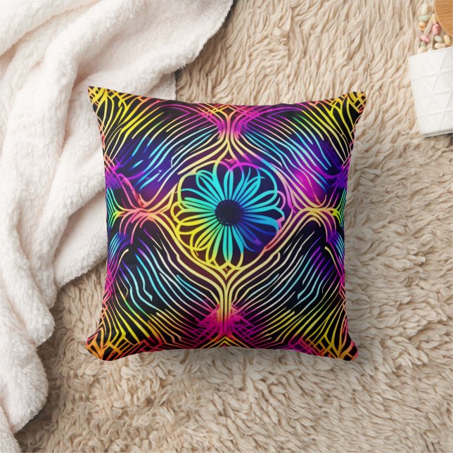 Psychedelische neonlijnen met bloemenkunst kussen (Deken)