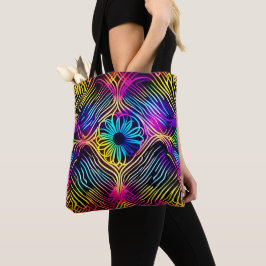 Psychedelische neonlijnen met bloemenkunst tote bag