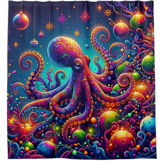 Psychedelische Octopus Christmas Wonderland Douchegordijn (Voorkant)