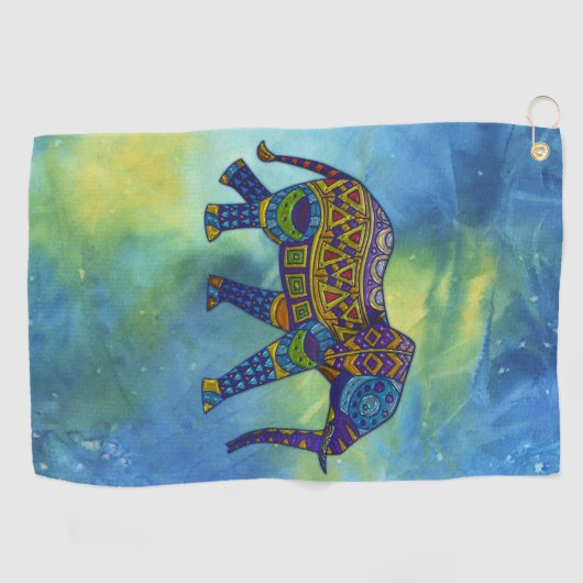 Psychedelische olifant op blauwgroene ruimte golfhanddoek (Horizontaal)