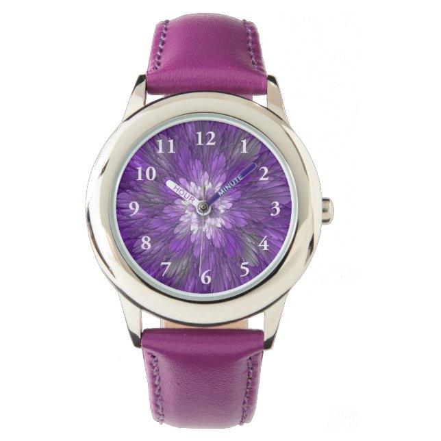 Psychedelische Paarse Bloem Abstracte Fractale Kun Horloge (Voorkant)