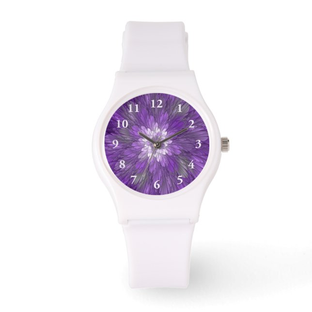 Psychedelische Paarse Bloem Abstracte Fractale Kun Horloge (Voorkant)
