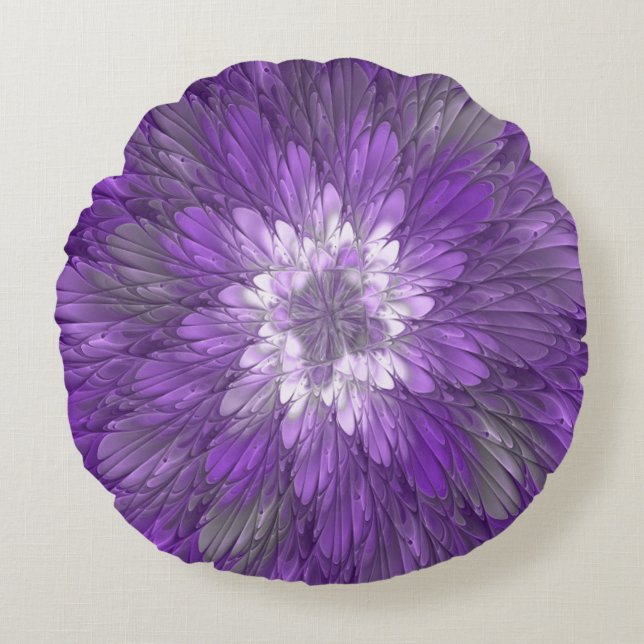 Psychedelische Paarse Bloem Abstracte Fractale Kun Rond Kussen (Voorkant)