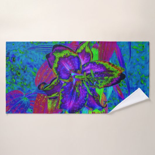 Psychedelische Paarse en Limegroene Lelie Bloem Badhanddoek (Badhanddoek)