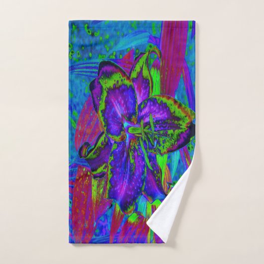 Psychedelische Paarse en Limoengroene Lelie Bloem Handdoek (Handdoek)