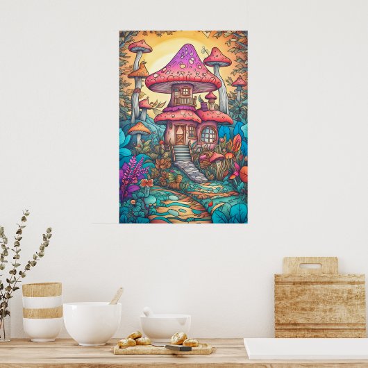 Psychedelische paddenstoel, diep in het bos poster (Keuken)