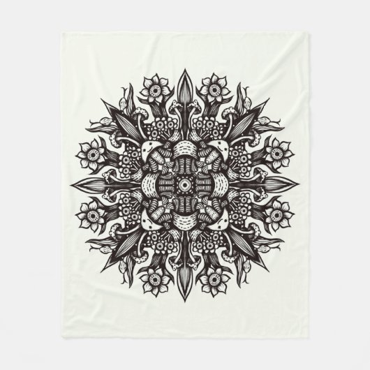 Psychedelische Paddenstoel Mandala Zwart en Wit Fleece Deken (Voorkant)
