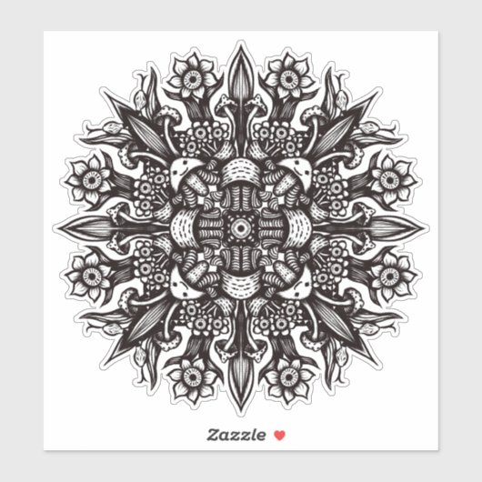 Psychedelische Paddenstoel Mandala Zwart Wit Sticker (Vel)