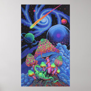 "Psychedelische paddenstoel waanzin: Trippy zwart  Poster