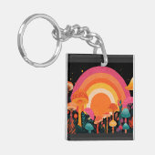 Psychedelische Paddenstoel Zonsondergang – Retro F Sleutelhanger (Voorkant Links)