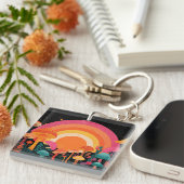 Psychedelische Paddenstoel Zonsondergang – Retro F Sleutelhanger (Voorkant Rechts)