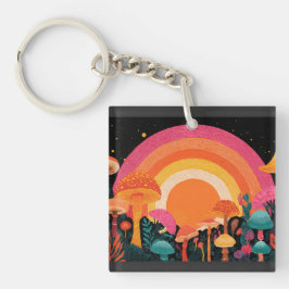 Psychedelische Paddenstoel Zonsondergang – Retro F Sleutelhanger