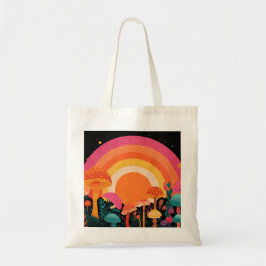 Psychedelische Paddenstoel Zonsondergang – Retro F Tote Bag