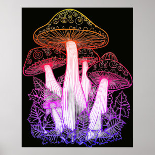 Psychedelische Paddenstoelen Zwarte Achtergrond Op Poster