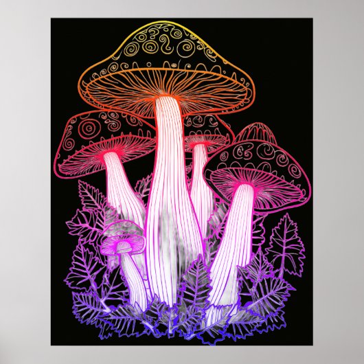 Psychedelische Paddenstoelen Zwarte Achtergrond Op Poster (Voorkant)